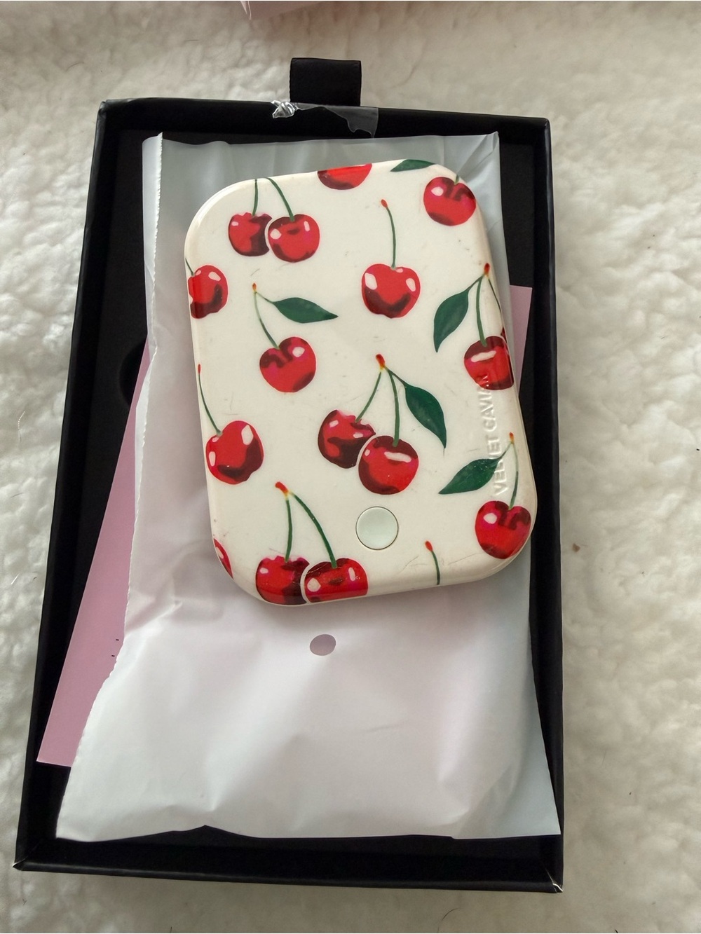 Velvet Caviar Cherry Print Portable Power Bank - White & Red